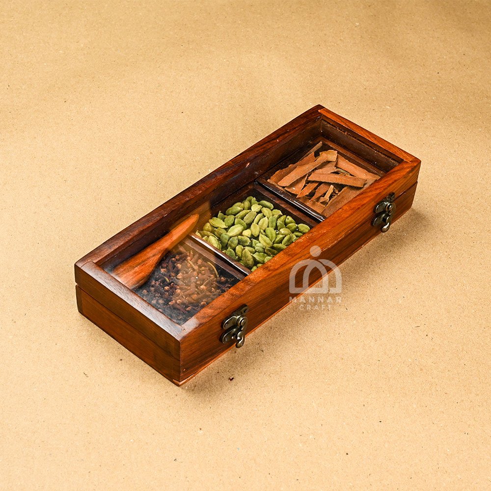 Mannar Craft Wooden Spice Masala Box with 3 Partitions & Spices | Handcrafted Wooden Masala Dabba with Lid