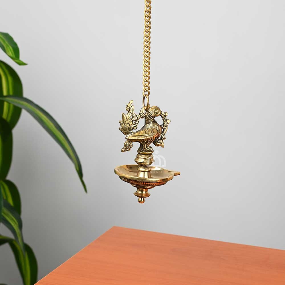 Mannar Craft Brass Peacock Hanging Diya – Single Wick Traditional Oil Lamp for Pooja, Temple & Home Decor