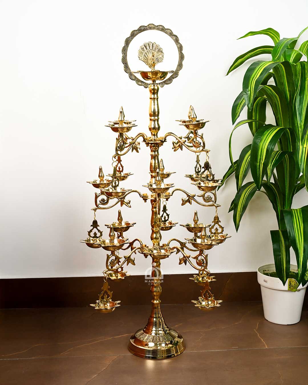 Brass Peacock Decorative Lamp – Traditional Multi-Tier Deepam for Temples, Weddings & Home Decor - Medium
