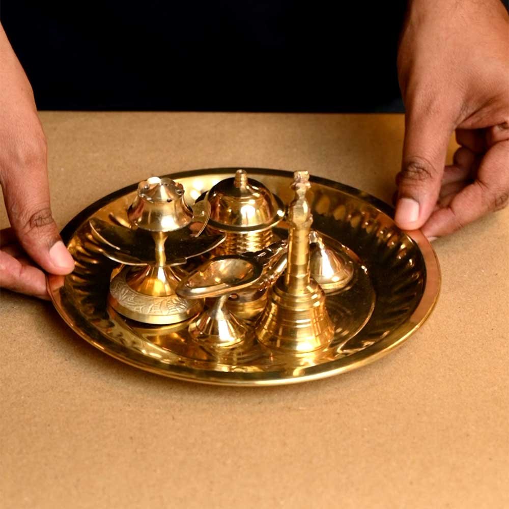 Brass Pooja Thali Set –  Handcrafted Brass Plate (5 Piece Set) | Traditional Puja Thali for Daily Worship & Festivals - 8 inch