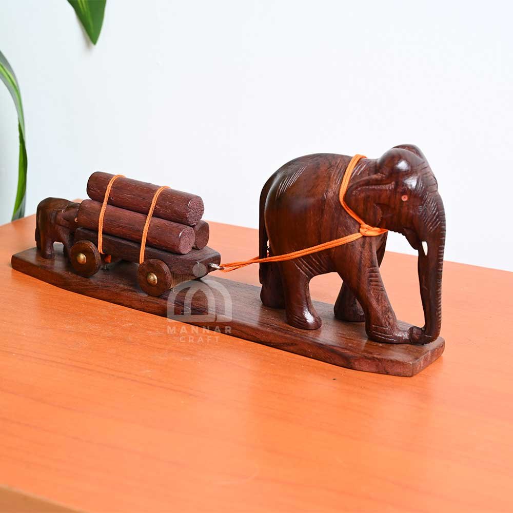 Handcrafted Rosewood Elephant Carrying Lumber Logs Statue - Exquisite Wooden Decor - 3 inch