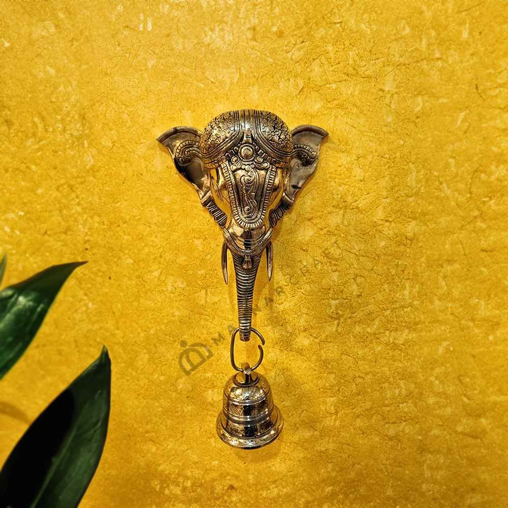  Brass Elephant Head Wall Hanging with Bell - Home Decor & Gift  - 9 inch