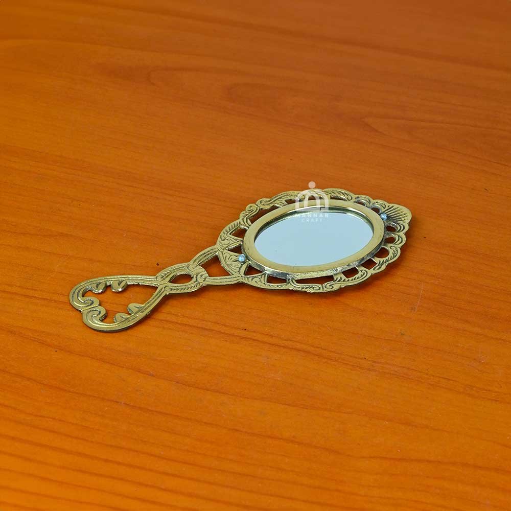 Traditional Brass Golden Hand Mirror – Vintage Handcrafted Décor for Home & Vishu Kani - Large